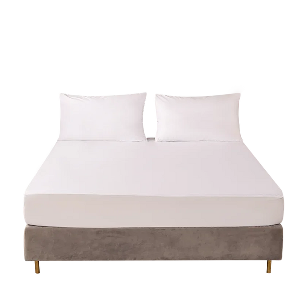 Mattress protector on a bed with two pillows on a white background