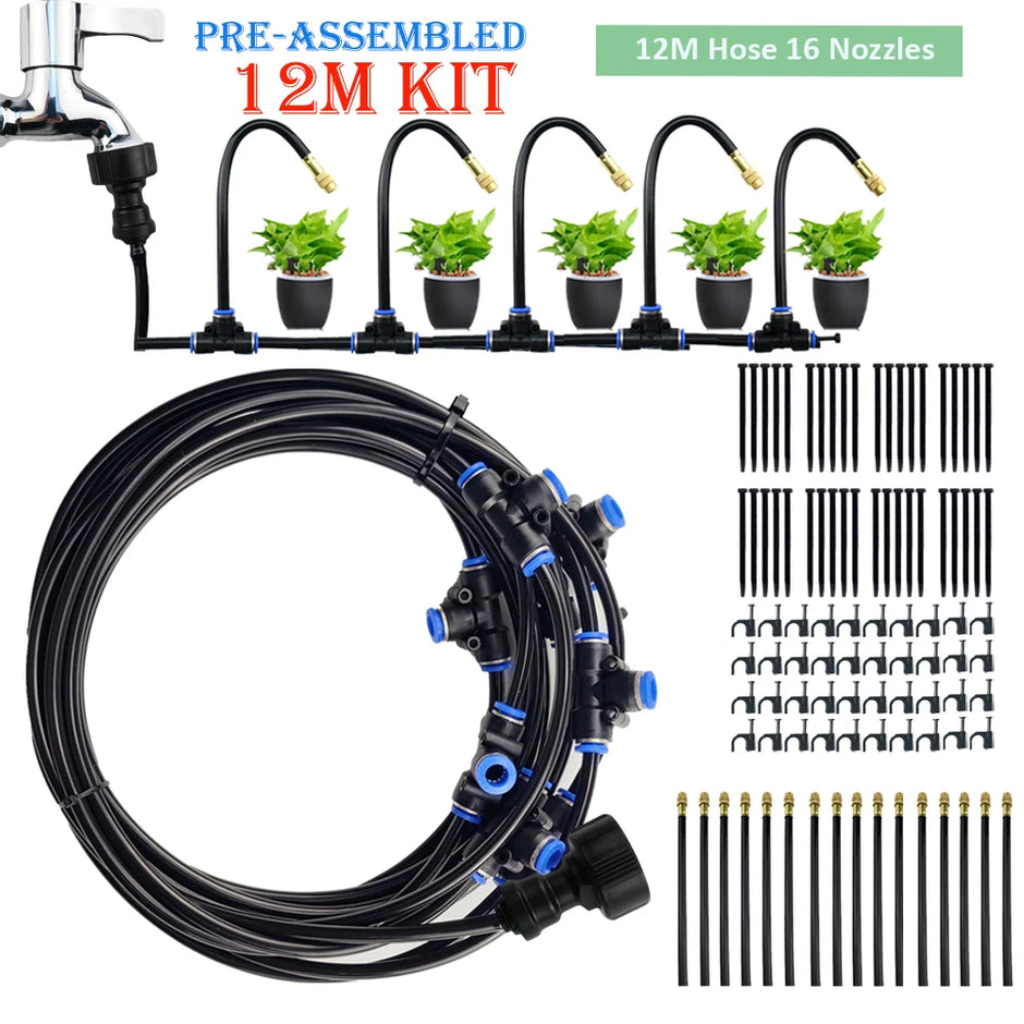 Garden irrigation system kit with hose, nozzles, and connectors on a white background