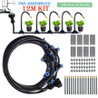 Garden irrigation system kit with hose, nozzles, and connectors on a white background
