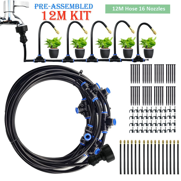 Garden irrigation system kit with hose, nozzles, and connectors on a white background