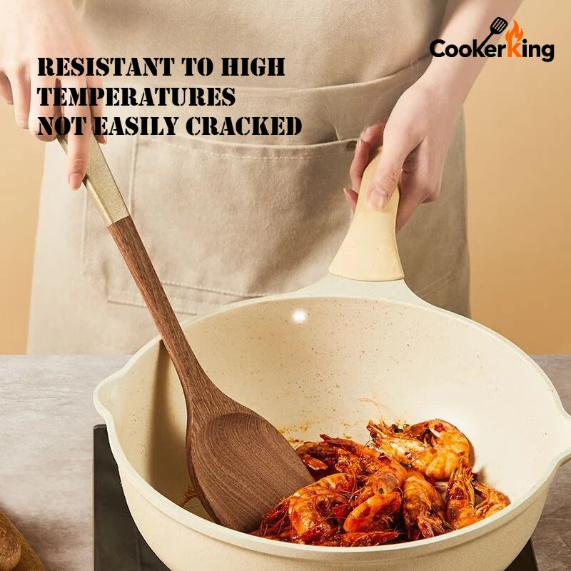 Person cooking shrimp in a ceramic pan with a wooden spoon, text about material properties.