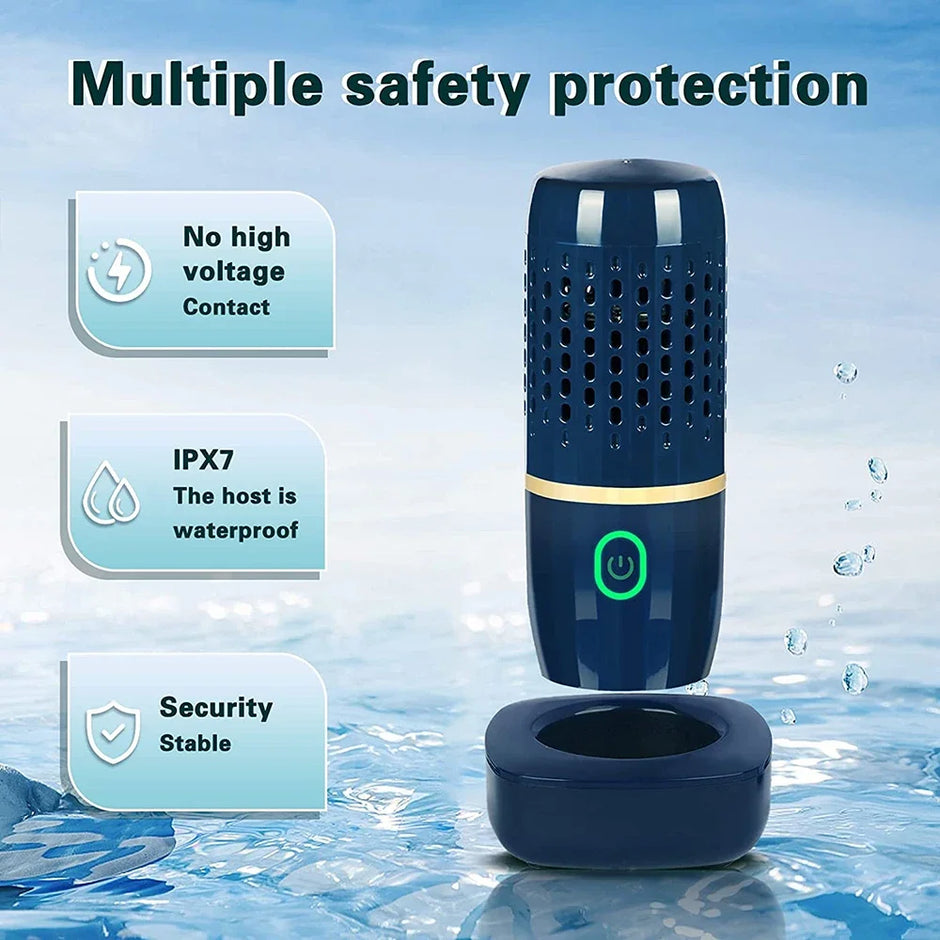 Blue electronic device with safety features on a water background