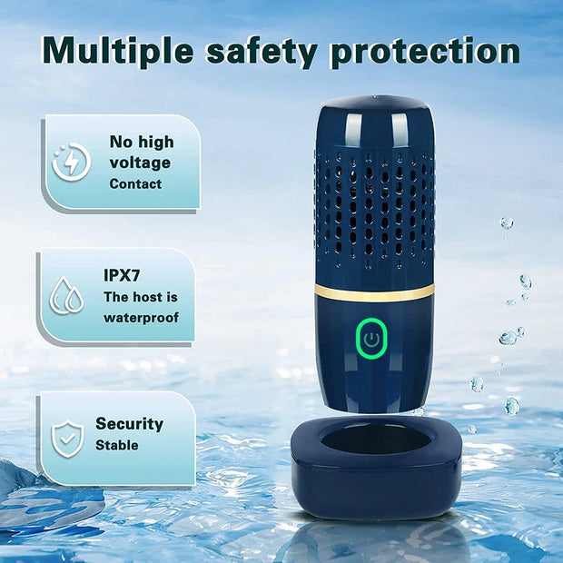 Blue electronic device with safety features on a water background