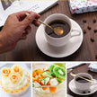 Collage of a hand stirring coffee, a dessert with flowers, a fruit salad, and another cup of coffee.
