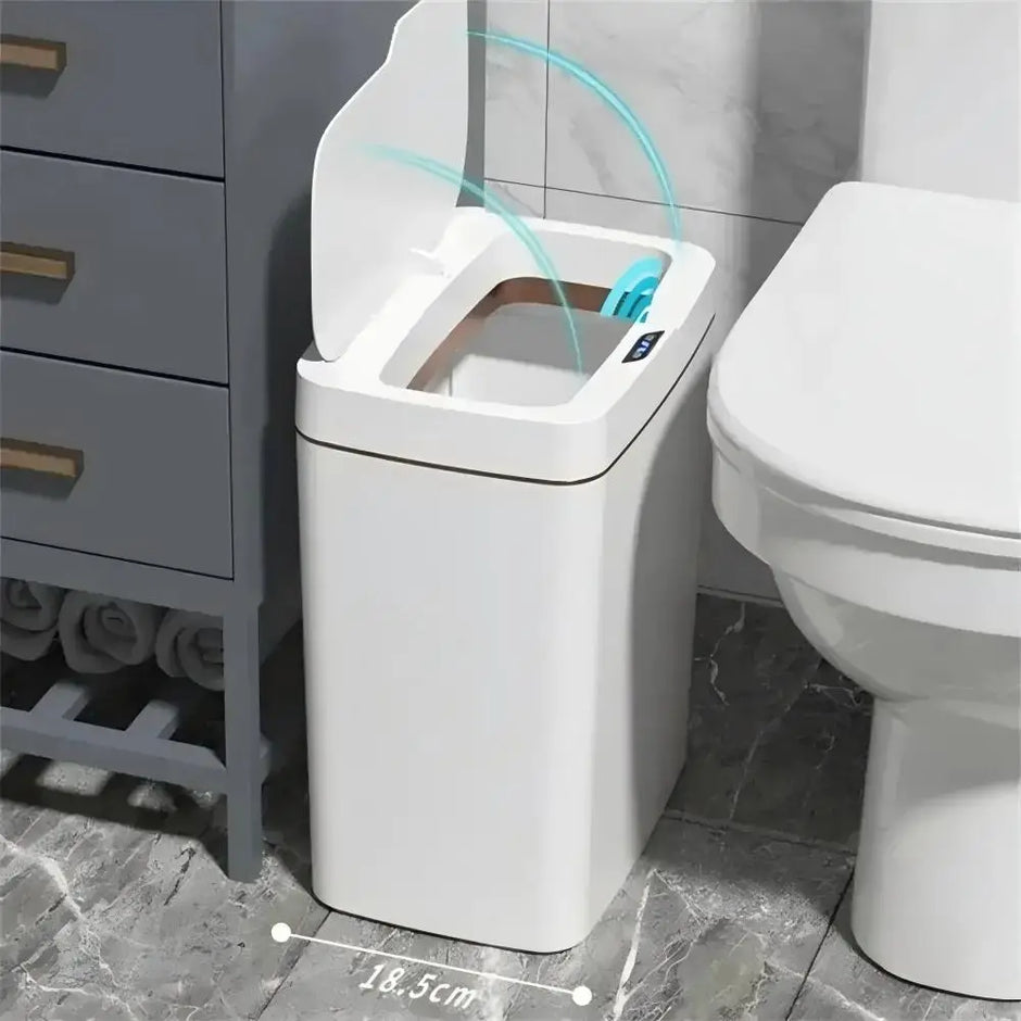 White trash can with a lid in a bathroom setting