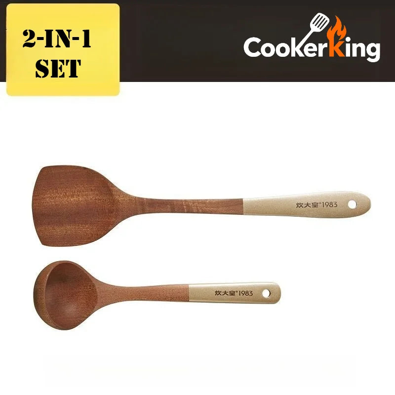 Two wooden cooking utensils with beige handles on a white background, featuring the 'CookerKing' brand.
