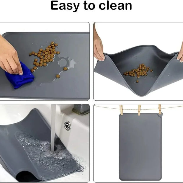 Collage showing a pet mat being cleaned and laid flat.
