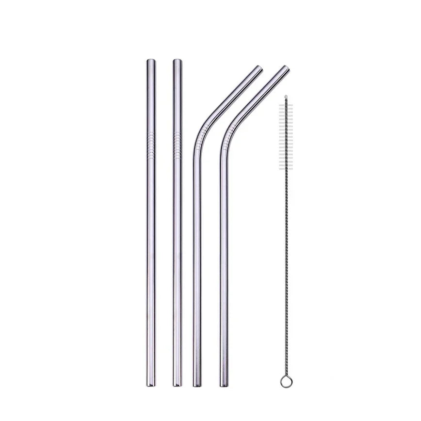 Set of metal straws on a white background