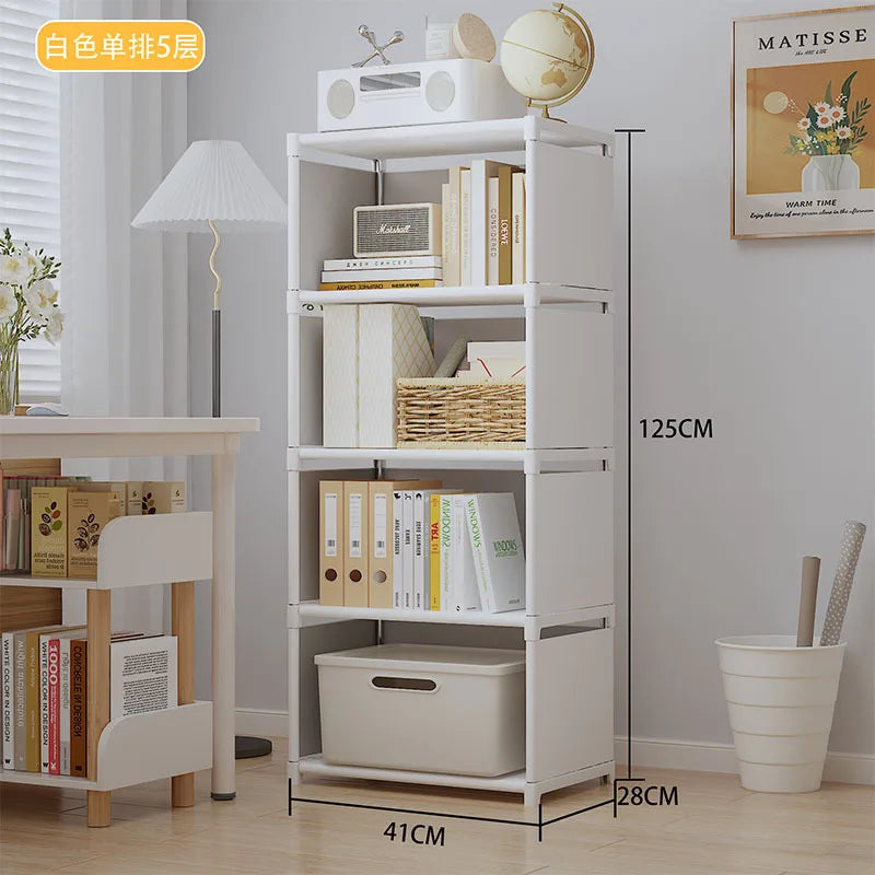 White bookshelf with books and decor items in a room setting, showing dimensions.