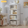 White bookshelf with books and decor items in a room setting, showing dimensions.