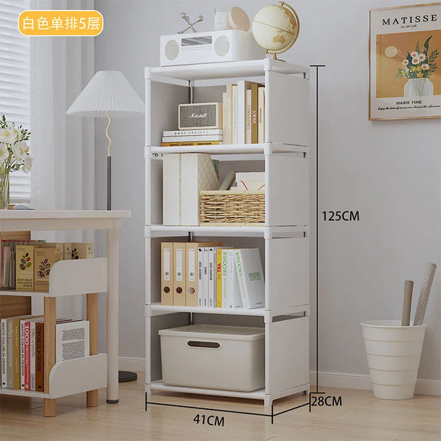 White bookshelf with books and decor items in a room setting, showing dimensions.