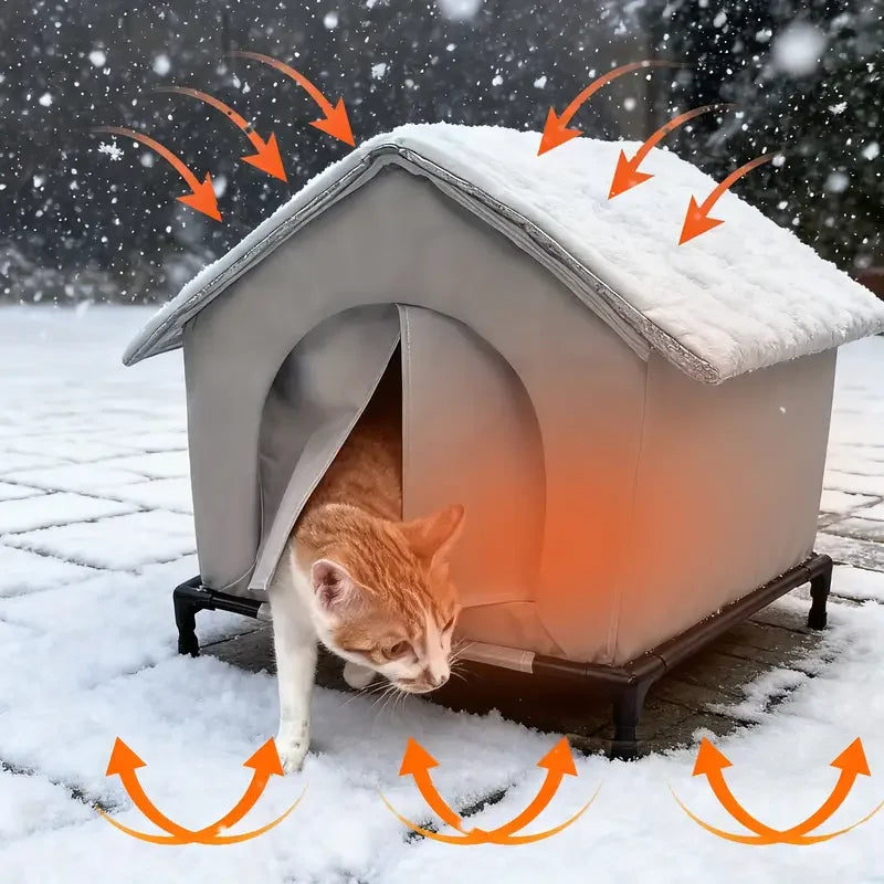 Cat using a heated outdoor cat house in the snow with heating arrows indicating warmth.