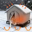 Cat using a heated outdoor cat house in the snow with heating arrows indicating warmth.