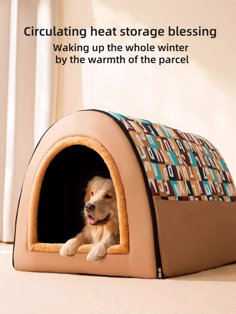 Dog lying in a patterned pet bed with text about heat storage and warmth.