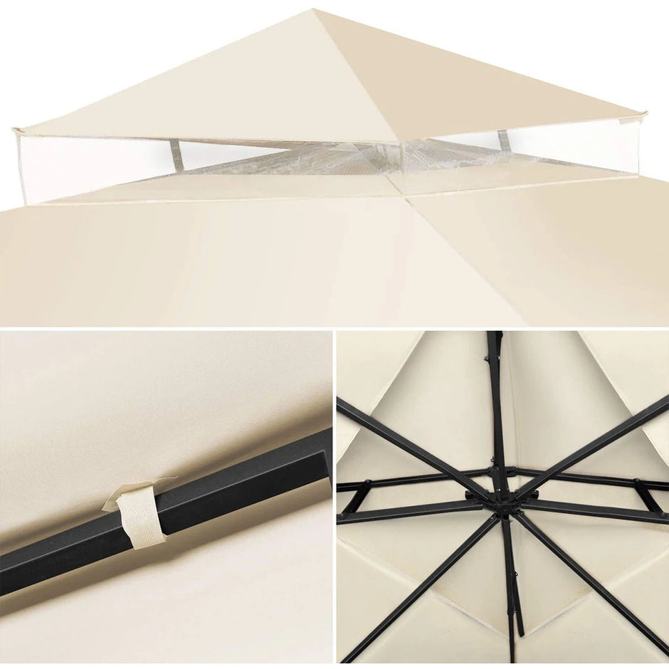 Beige outdoor umbrella with close-up details on a white background
