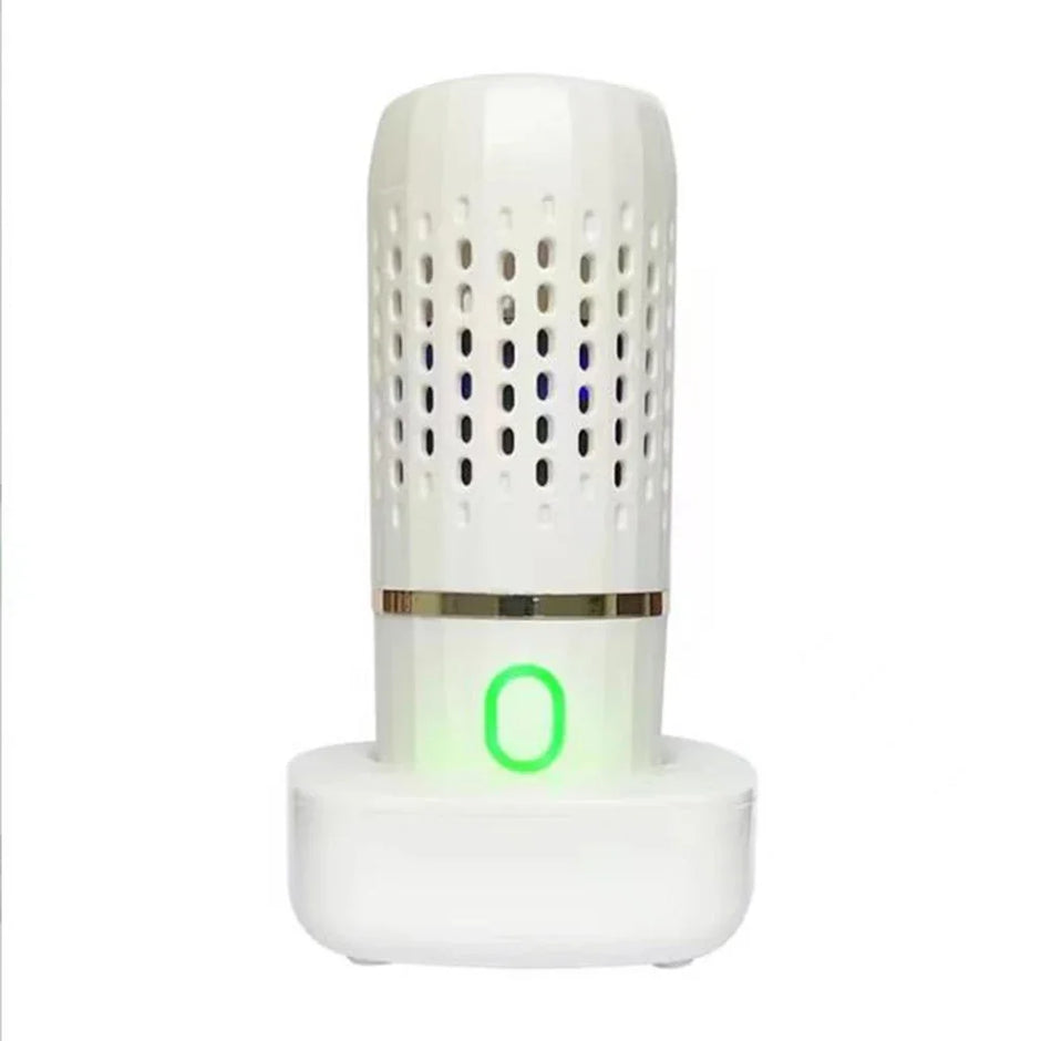 White air purifier with a green light on a white background