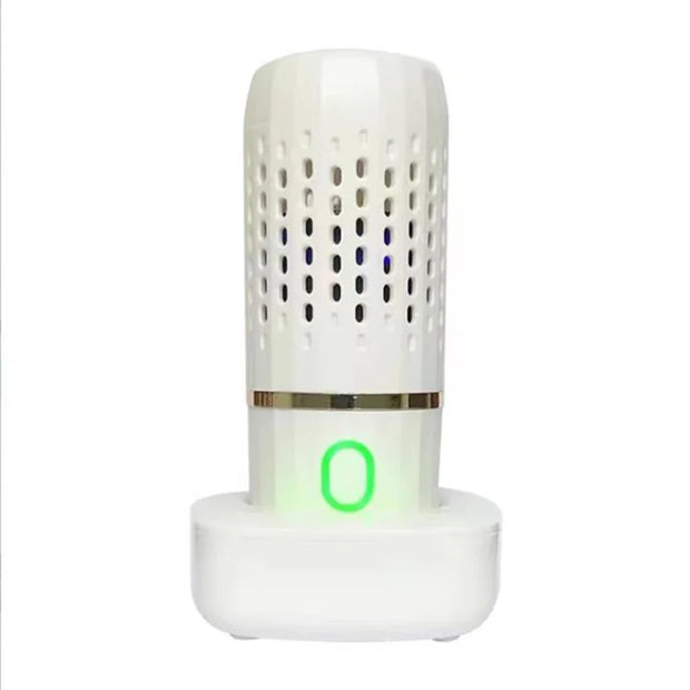 White air purifier with a green light on a white background