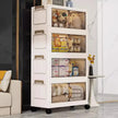 White storage cabinet with transparent doors displaying various items in a room.