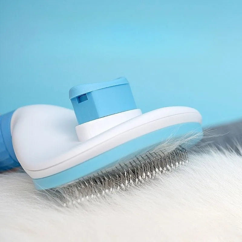 Blue and white pet grooming brush with bristles on a light blue background