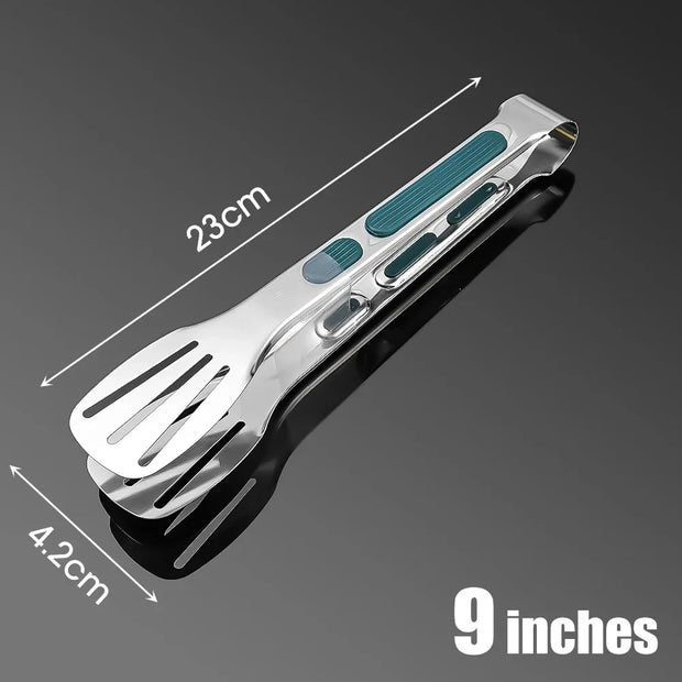 Metallic kitchen utensil with measurements on a gray background