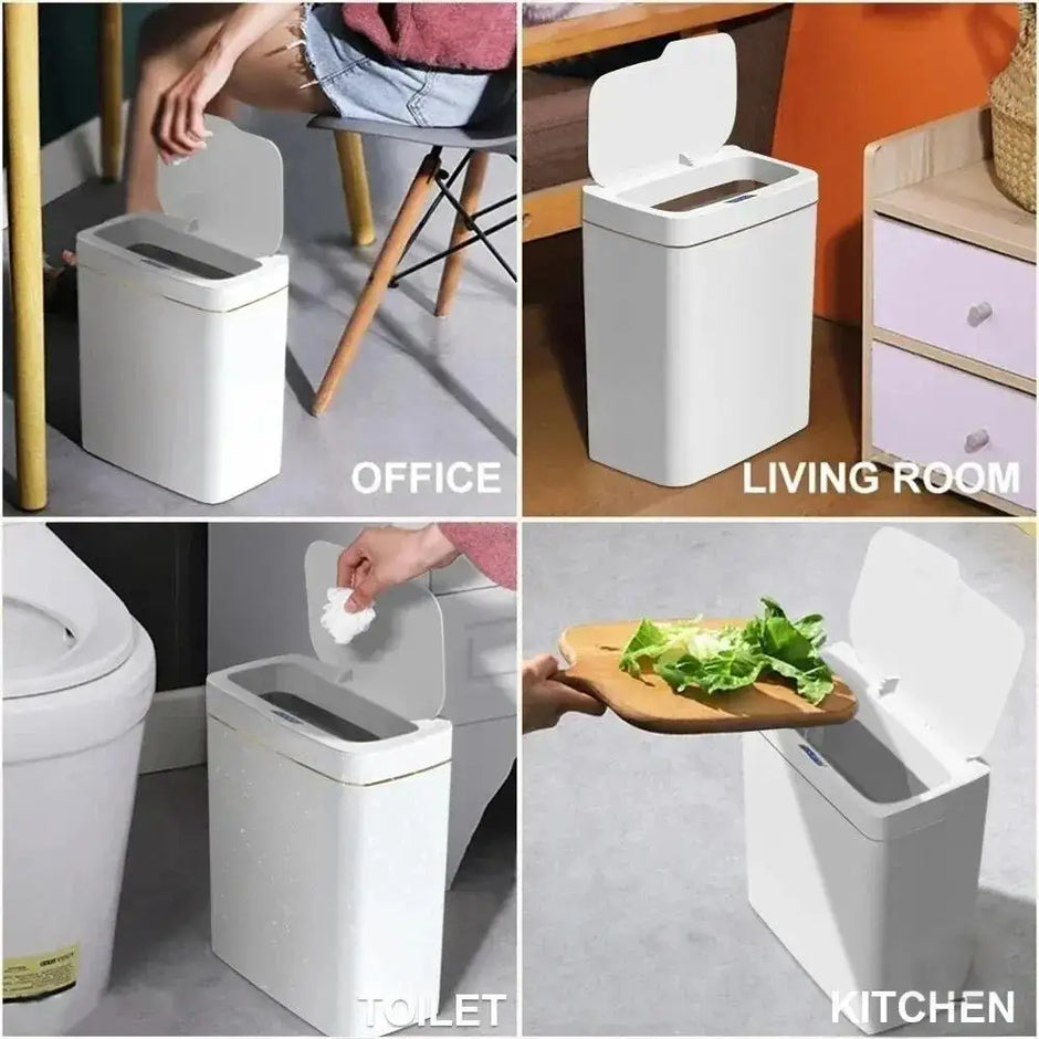 Collage of a white trash bin used in various settings including office, living room, toilet, and kitchen.