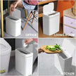 Collage of a white trash bin used in various settings including office, living room, toilet, and kitchen.