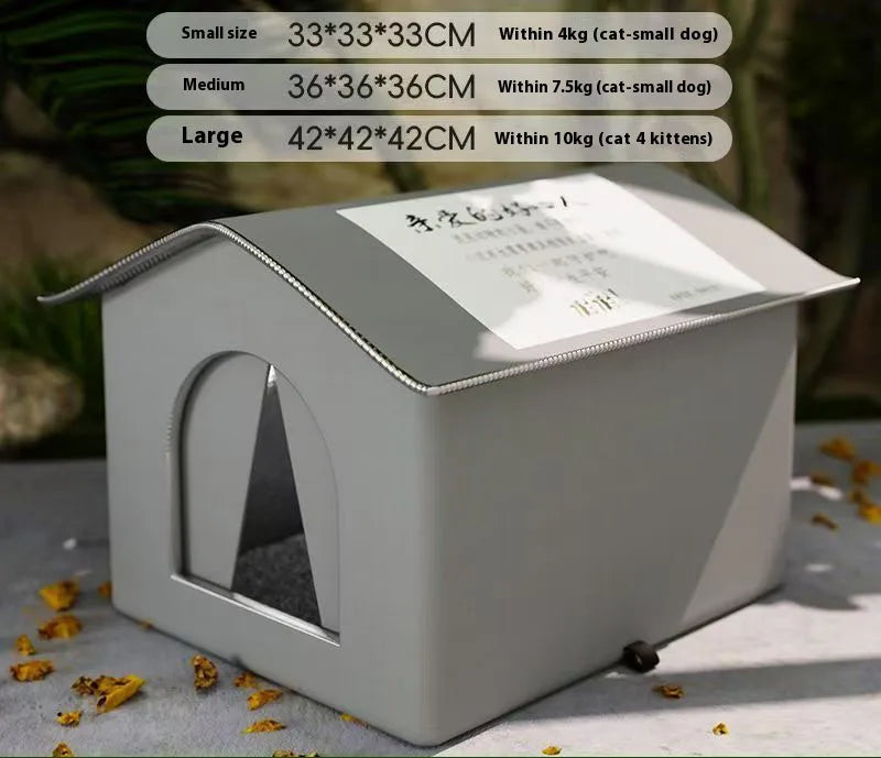 Small pet house with dimensions and weight capacity displayed on a blurred background