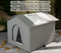 Small pet house with dimensions and weight capacity displayed on a blurred background