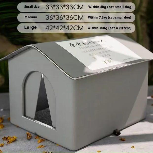 Small pet house with dimensions and weight capacity displayed on a blurred background