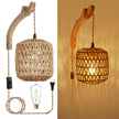Woven wall-mounted light fixture with a bulb on a white background