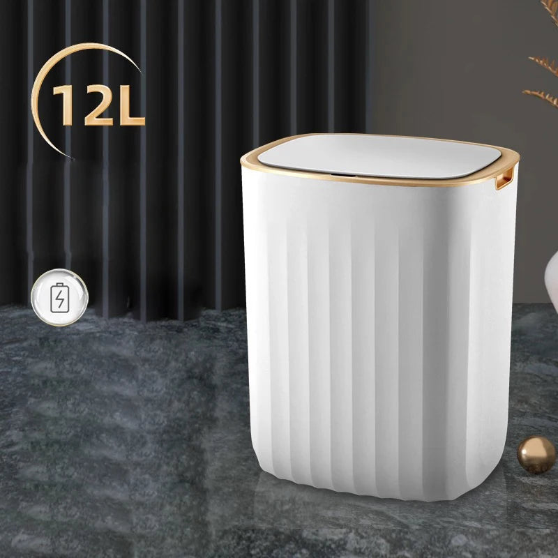 White trash bin with gold accents and dimensions on a dark background