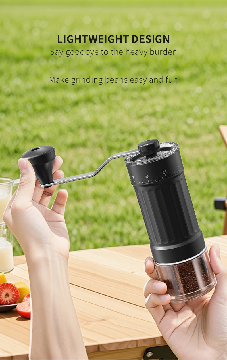 Person using a portable coffee grinder outdoors with text about its lightweight design.