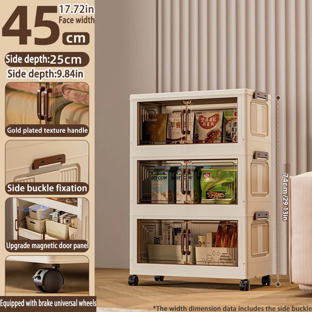 Storage cabinet with features highlighted on the left, against a neutral background