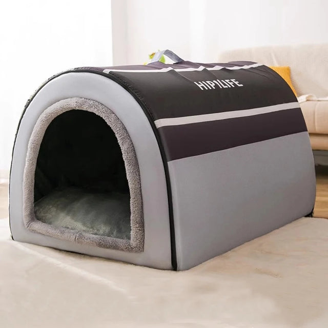 Gray pet bed with 'HIPILIFE' branding on a light-colored surface.