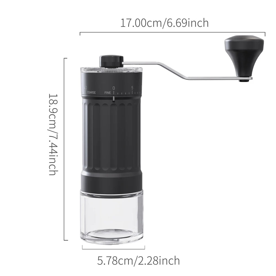 Black manual coffee grinder with measurements on a white background