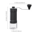 Black manual coffee grinder with measurements on a white background
