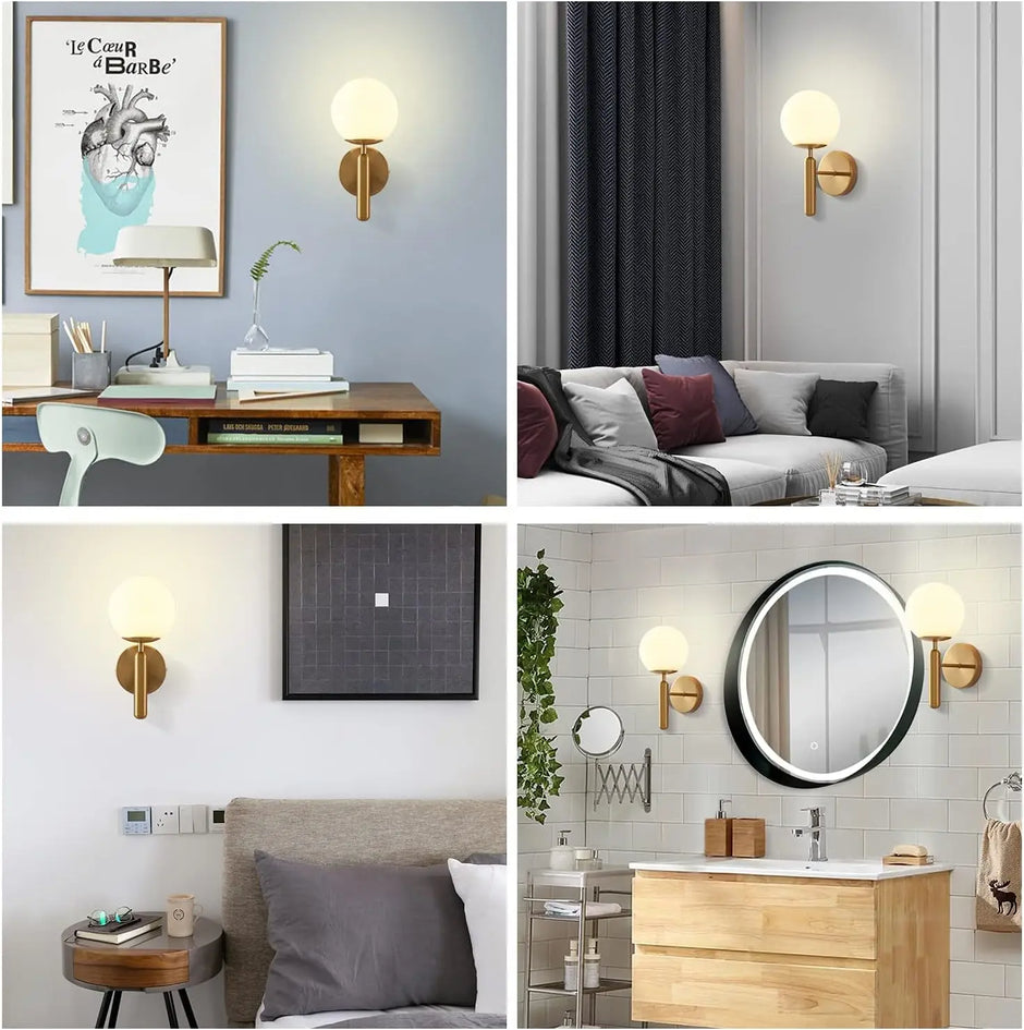 Collage of interior design elements including wall sconces, furniture, and decor in various rooms.
