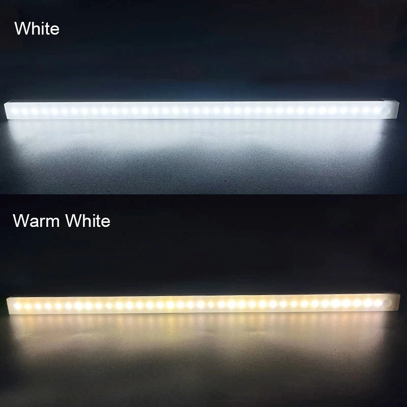 Two LED light strips, one white and one warm white, on a dark background.