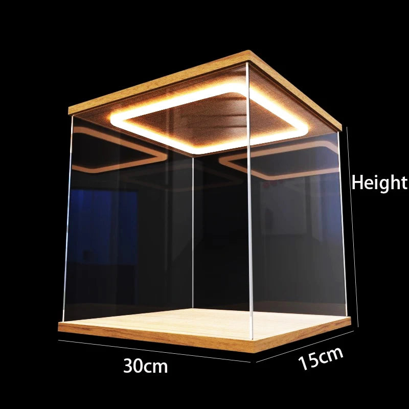 Clear display case with wooden top and bottom, illuminated interior, dimensions labeled.