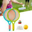 Colorful badminton racket set with a shuttlecock and yellow ball on a white surface.