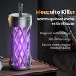 Mosquito killer device with purple light on a wooden surface, text highlighting features.