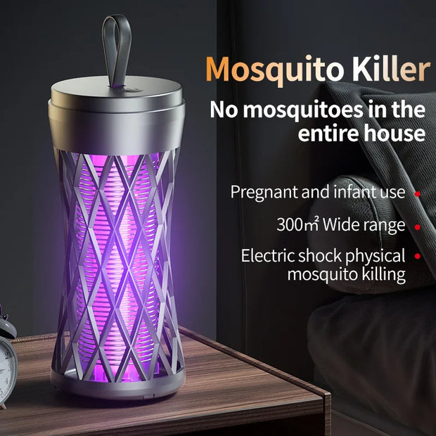 Mosquito killer device with purple light on a wooden surface, text highlighting features.