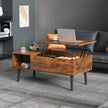 Wooden coffee table with lift-top feature in a living room setting.