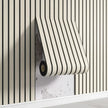 Roll of black and white striped wallpaper against a striped wall.