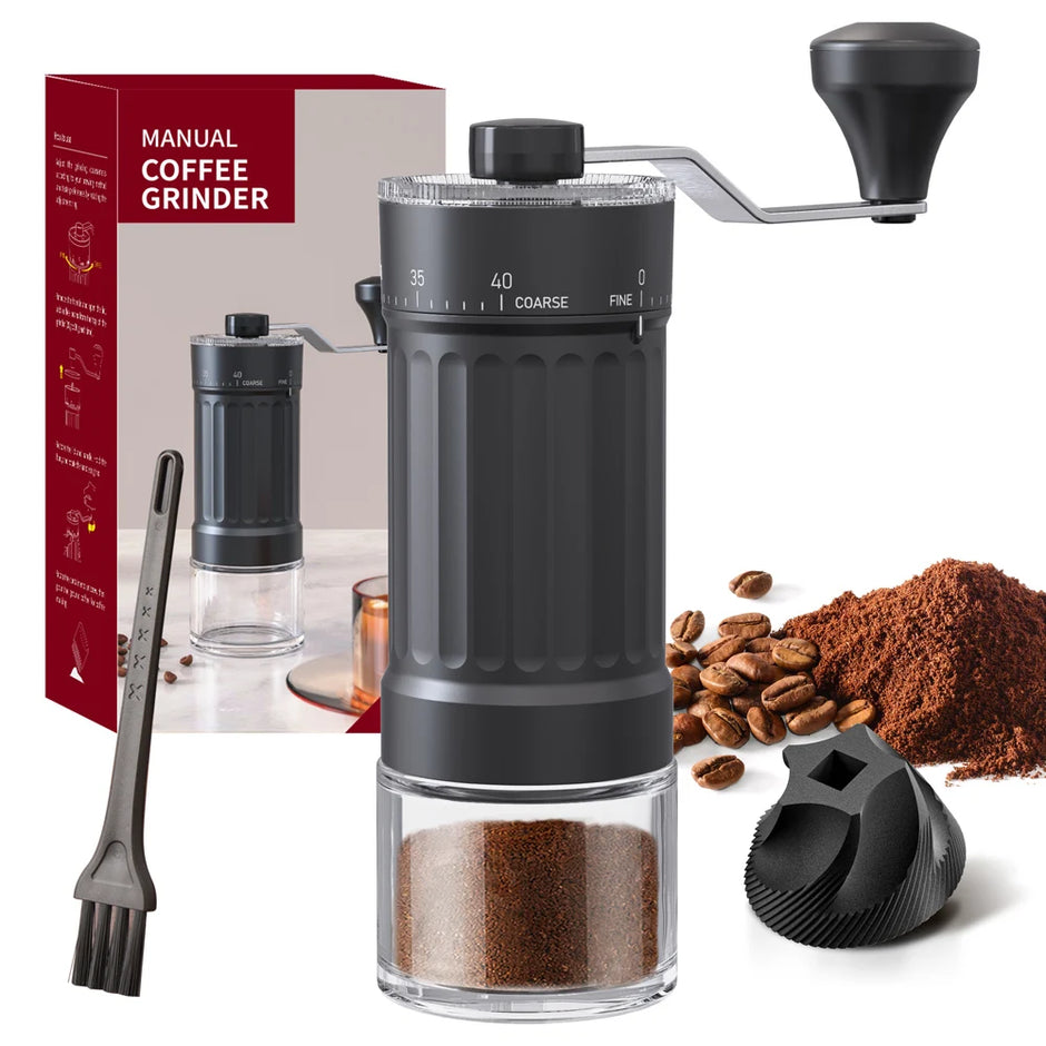 Manual coffee grinder with beans, ground coffee, and packaging on a white background