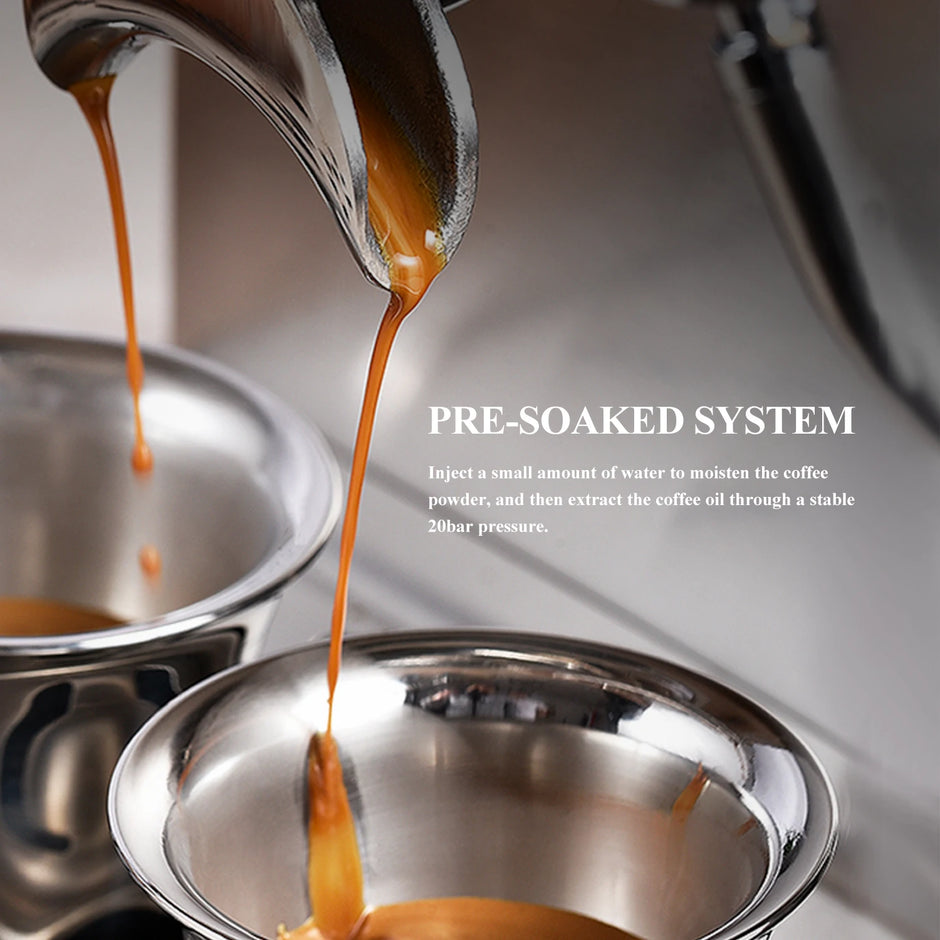 Coffee being extracted from a pre-soaked system into metal bowls.