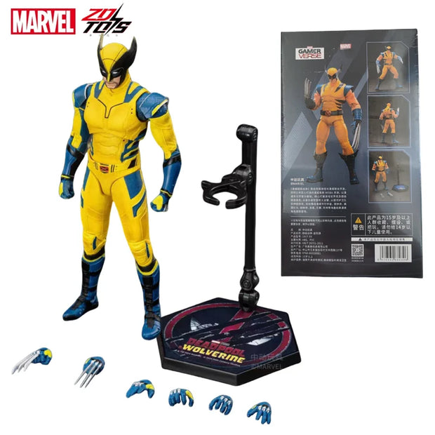 Marvel Wolverine action figure with accessories and packaging on a white background