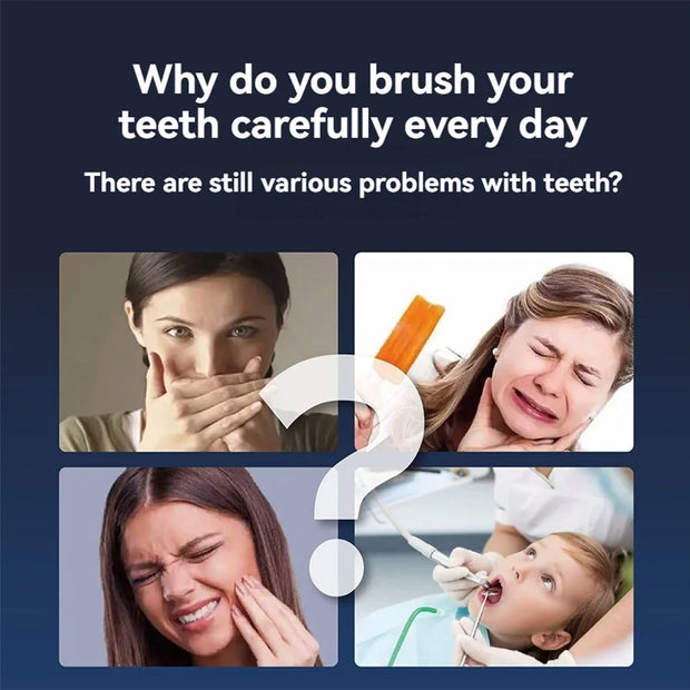Collage of a woman with dental issues and a dentist examining a child, with text questioning daily tooth brushing.