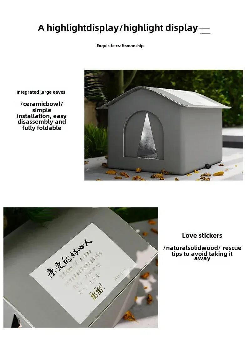 Gray ceramic pet house with text on a white background