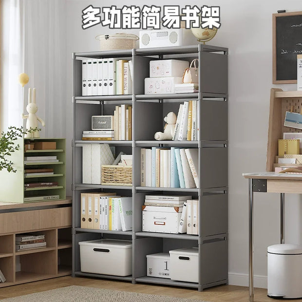 Gray bookshelf with books and storage boxes in a room setting